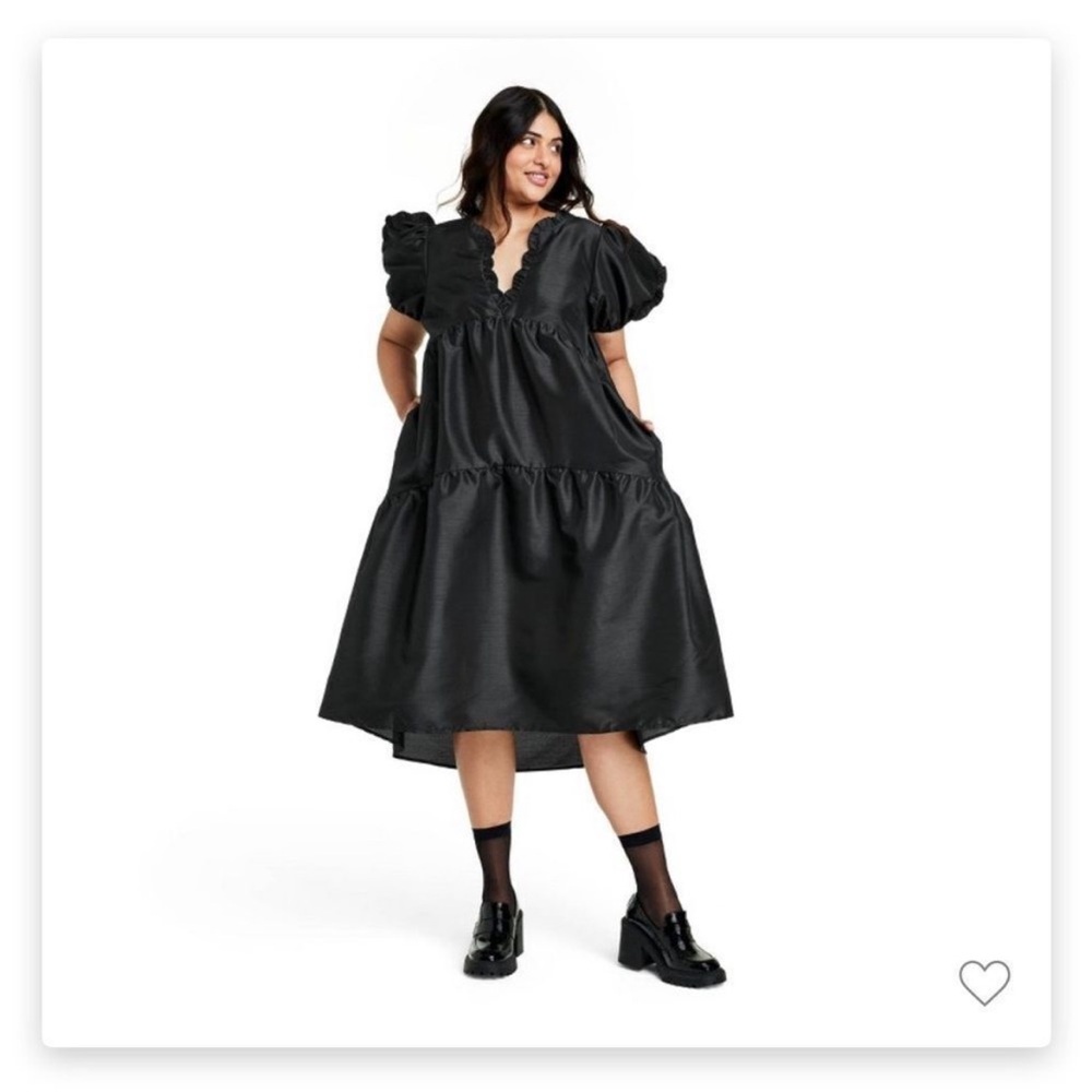 Kika Vargas Black Midi Dress with Puff Sleeves